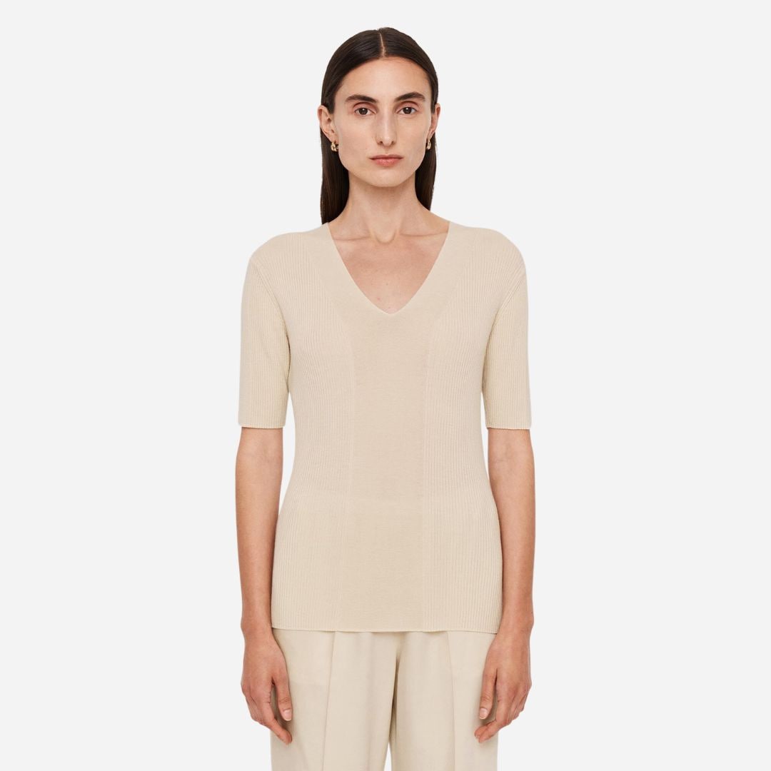 Fine Merino Rib V-Neck Top - Quail