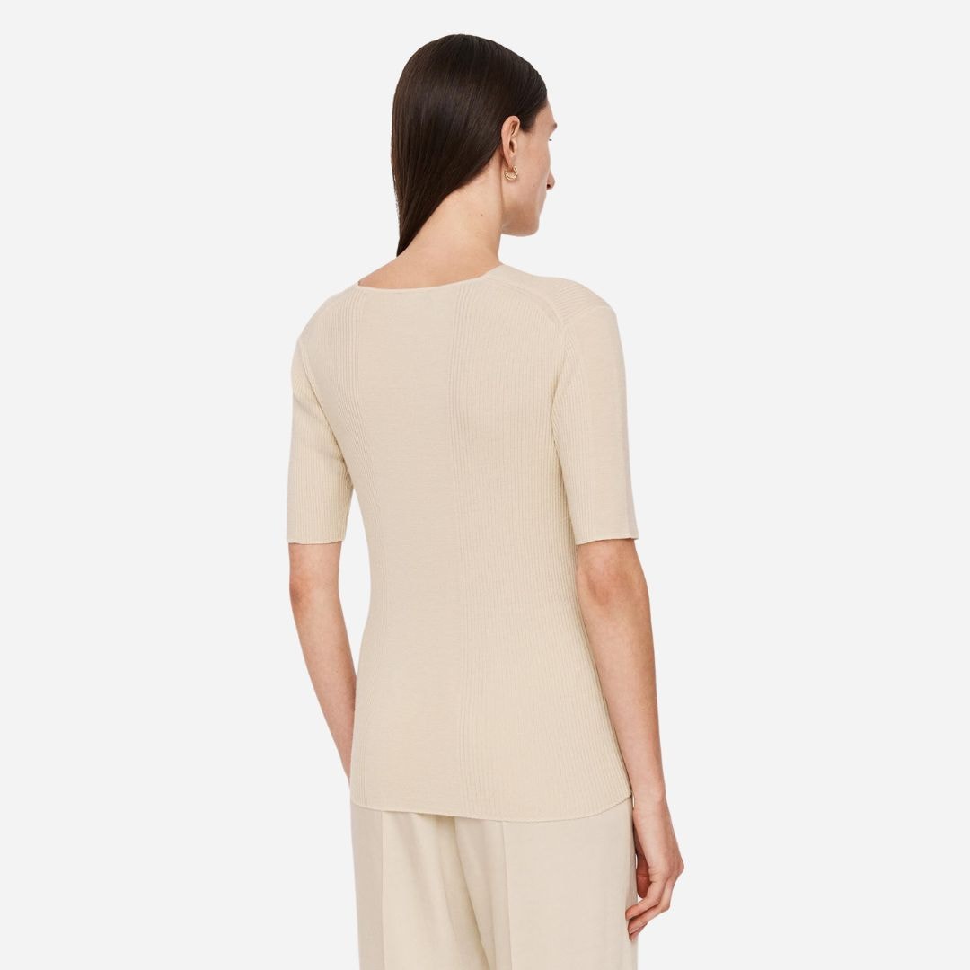 Fine Merino Rib V-Neck Top - Quail