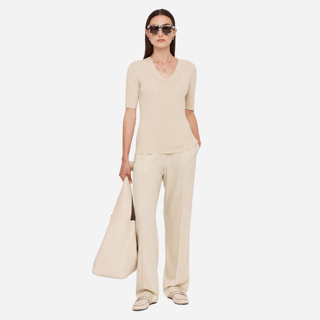 Fine Merino Rib V-Neck Top - Quail