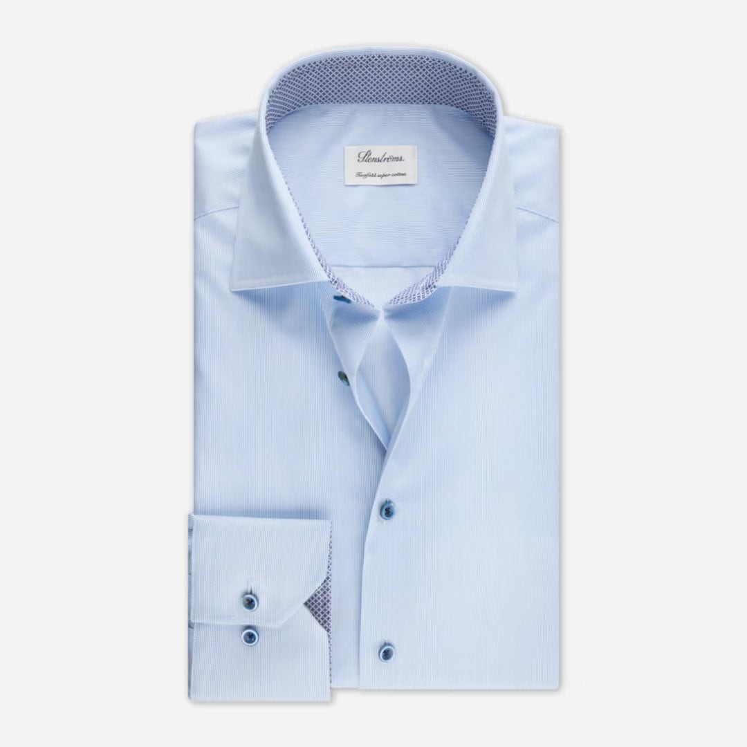 Fitted Body Contrast Twill Shirt - Light Blue Stripe
