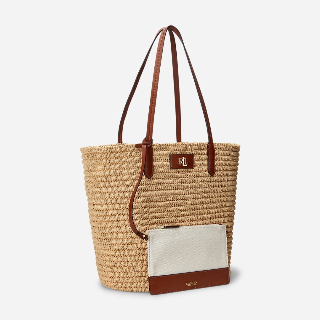  Leather-Trim Straw Large Brie Tote Bag -  Beige