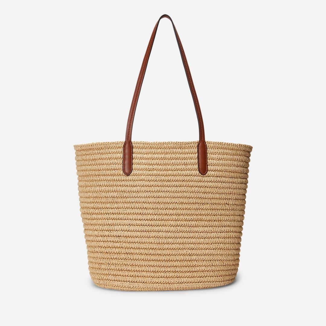  Leather-Trim Straw Large Brie Tote Bag -  Beige