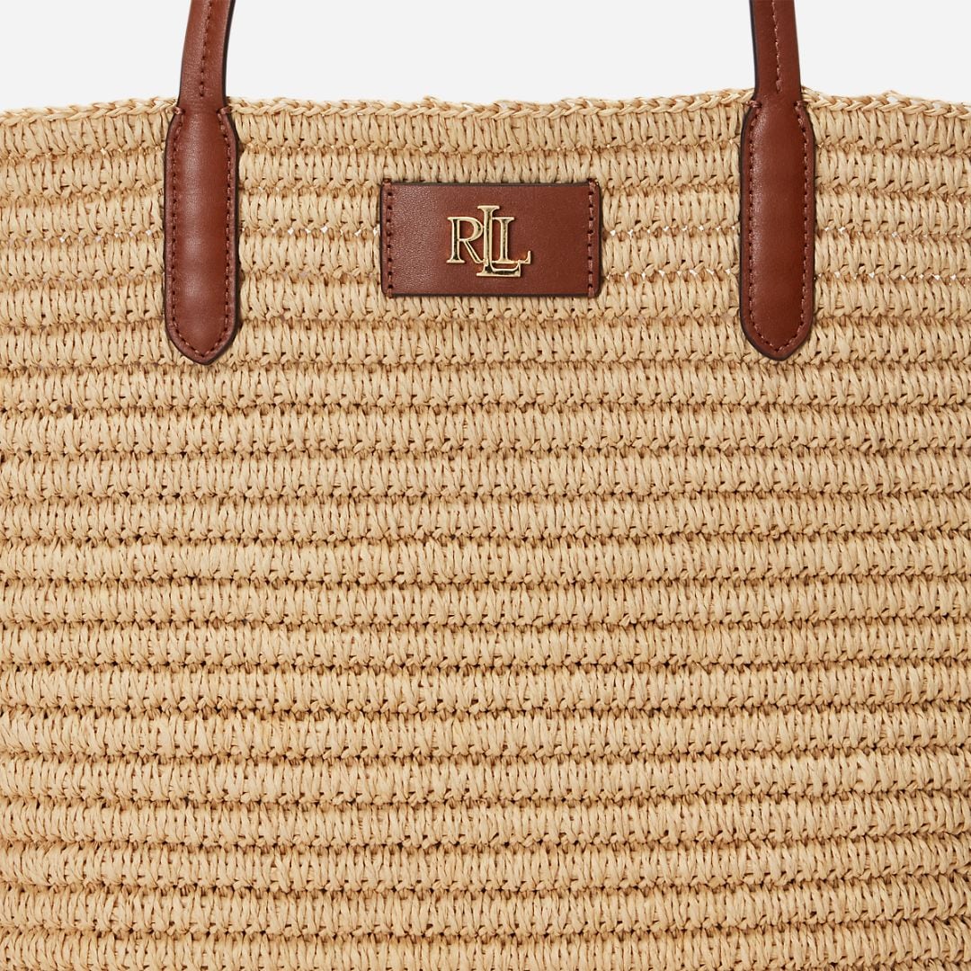  Leather-Trim Straw Large Brie Tote Bag -  Beige