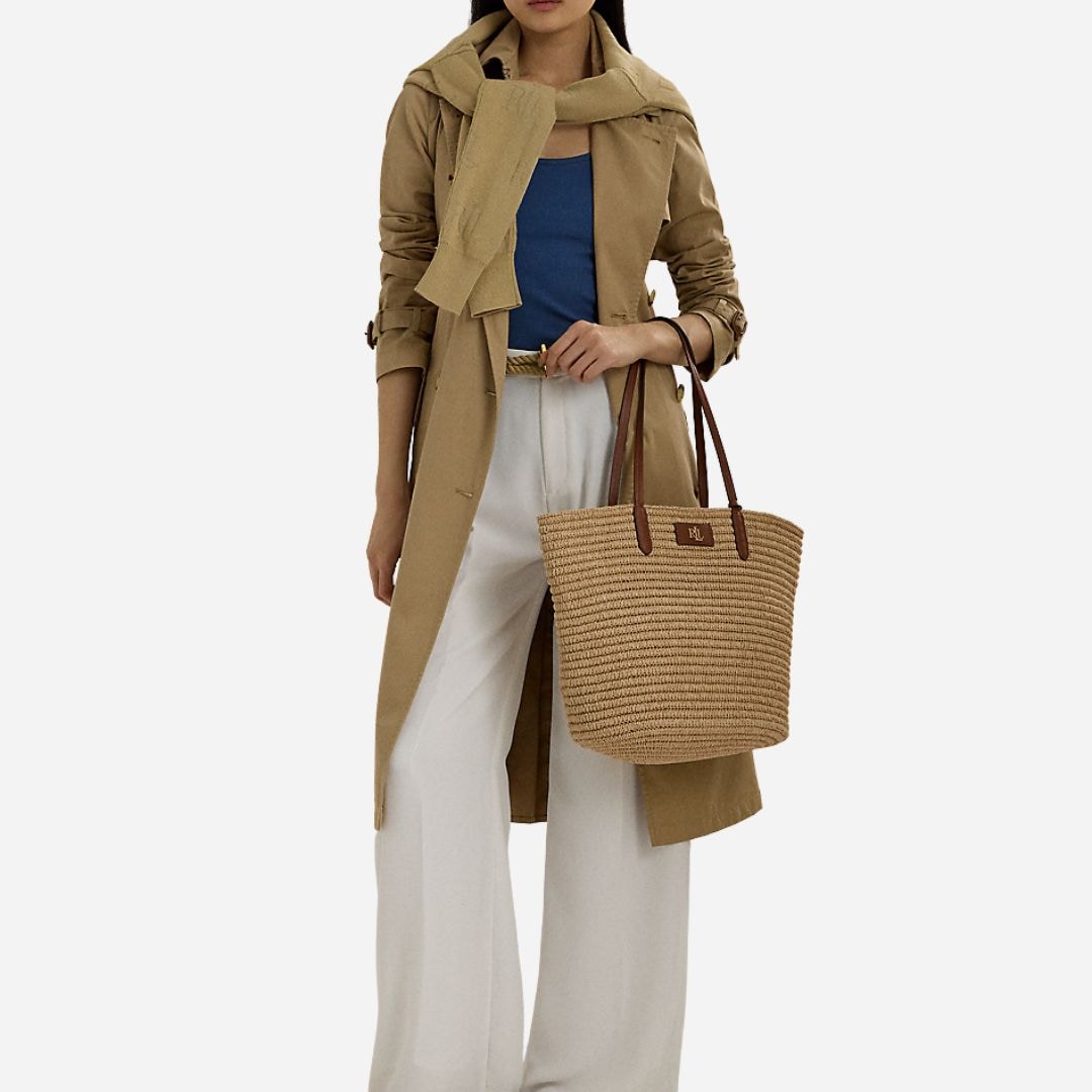  Leather-Trim Straw Large Brie Tote Bag -  Beige