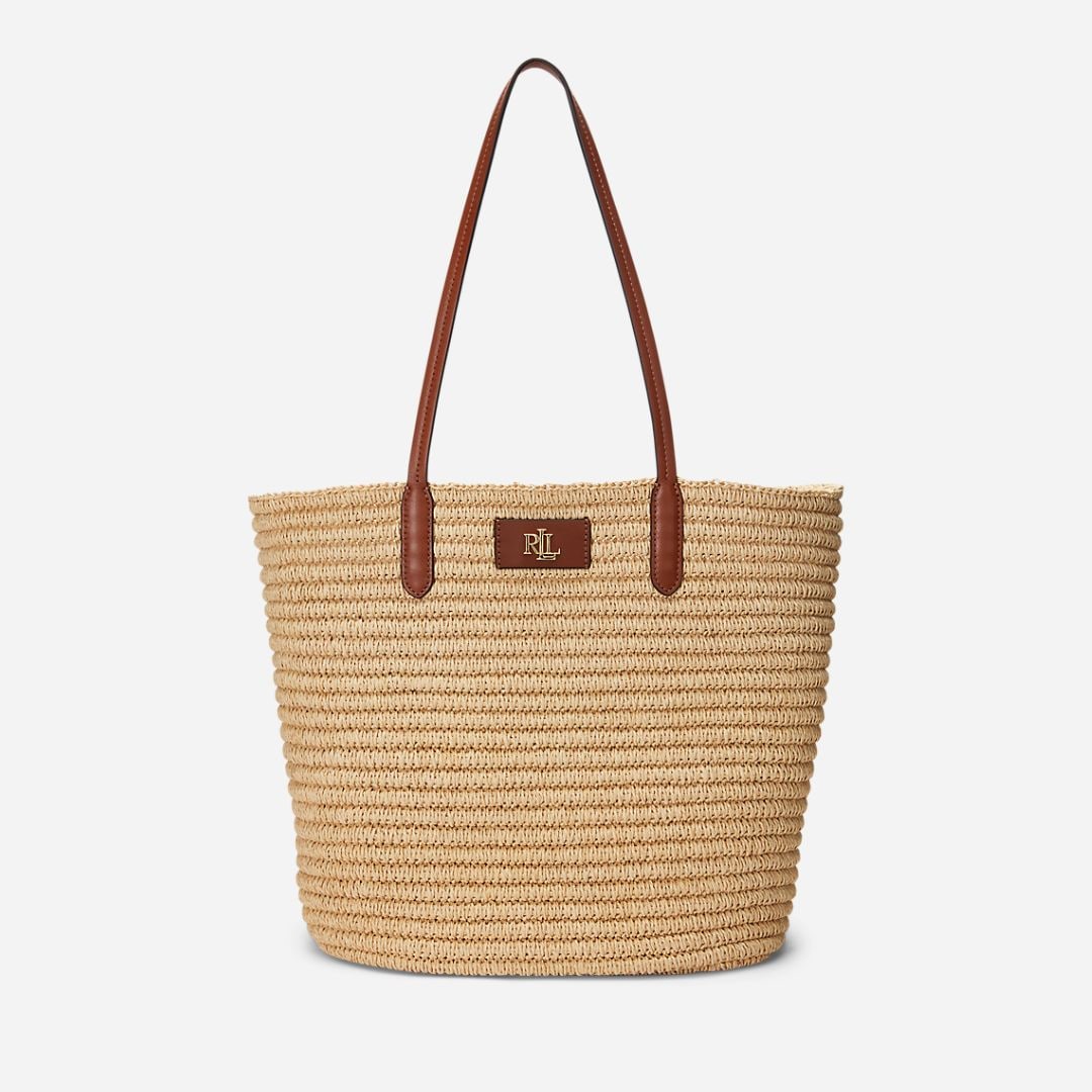 Leather-Trim Straw Large Brie Tote Bag -  Beige