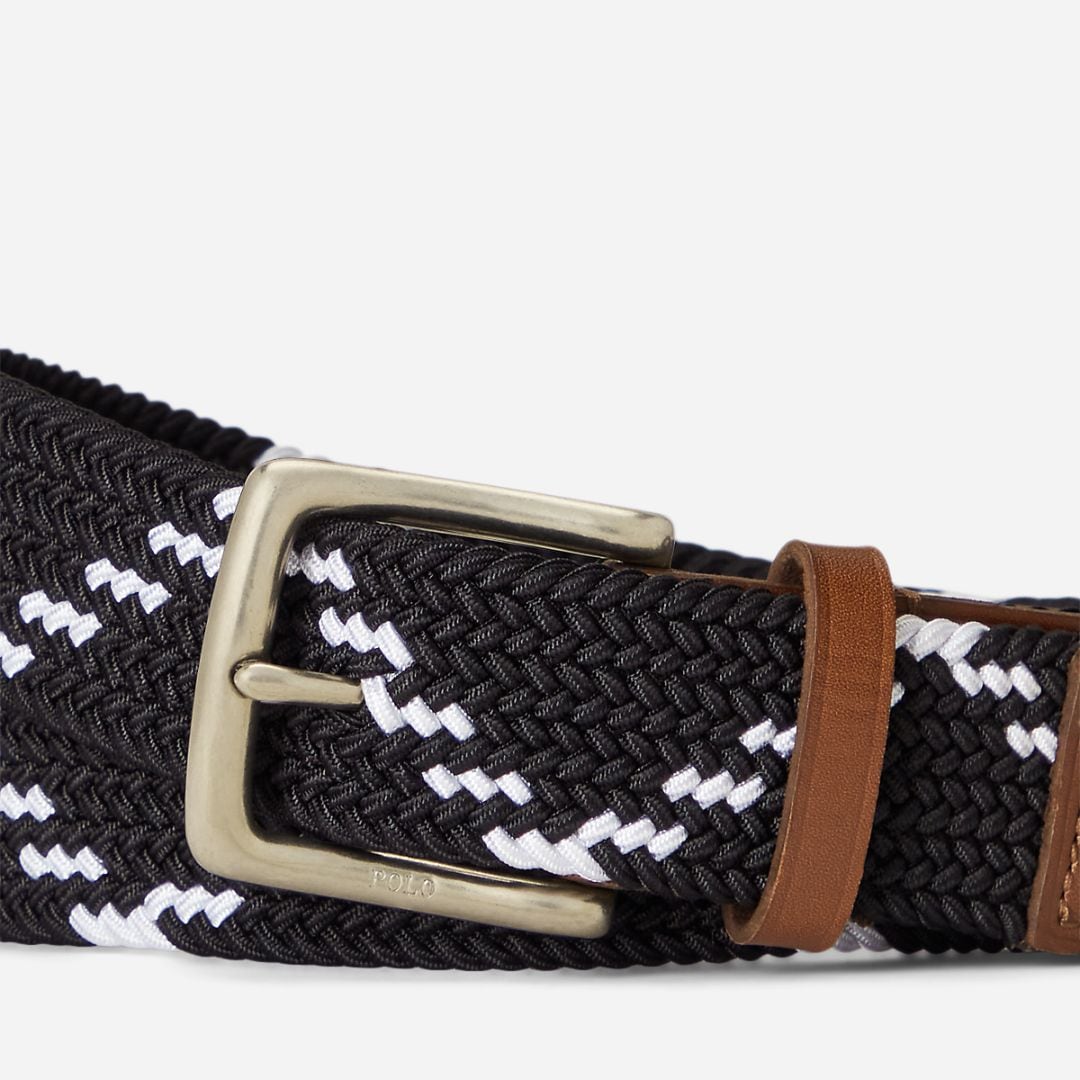  Leather-Trim Webbed Belt -  Black/White