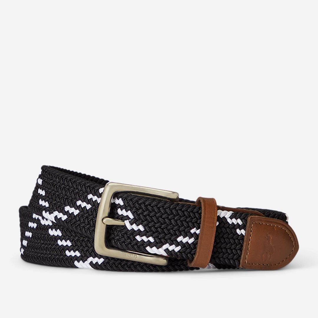  Leather-Trim Webbed Belt -  Black/White