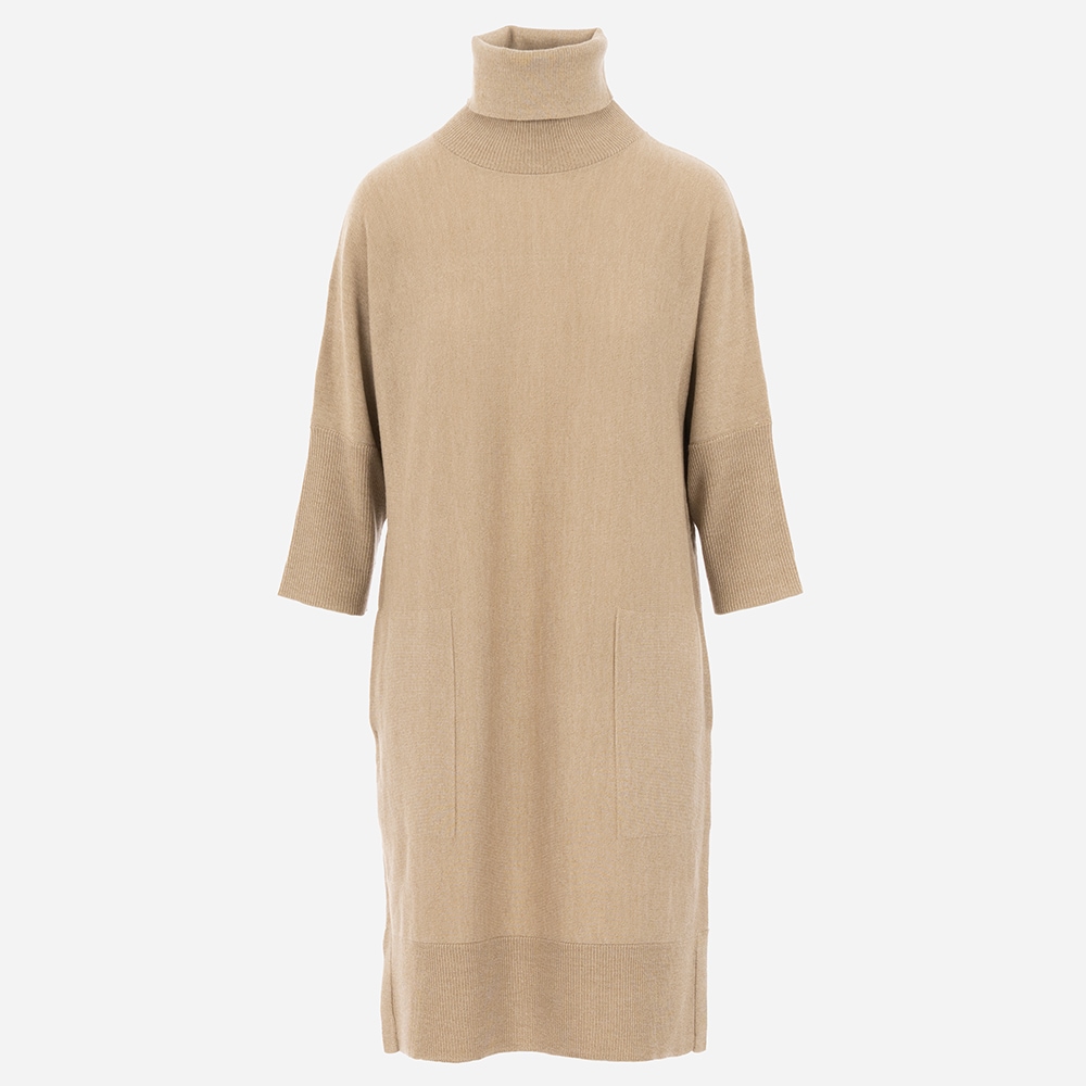 Merino Wide Turtleneck Dress W/Short Sleeve Oatmeal Melange