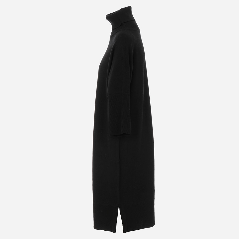 Merino Wide Turtleneck Dress W/Short Sleeve Black