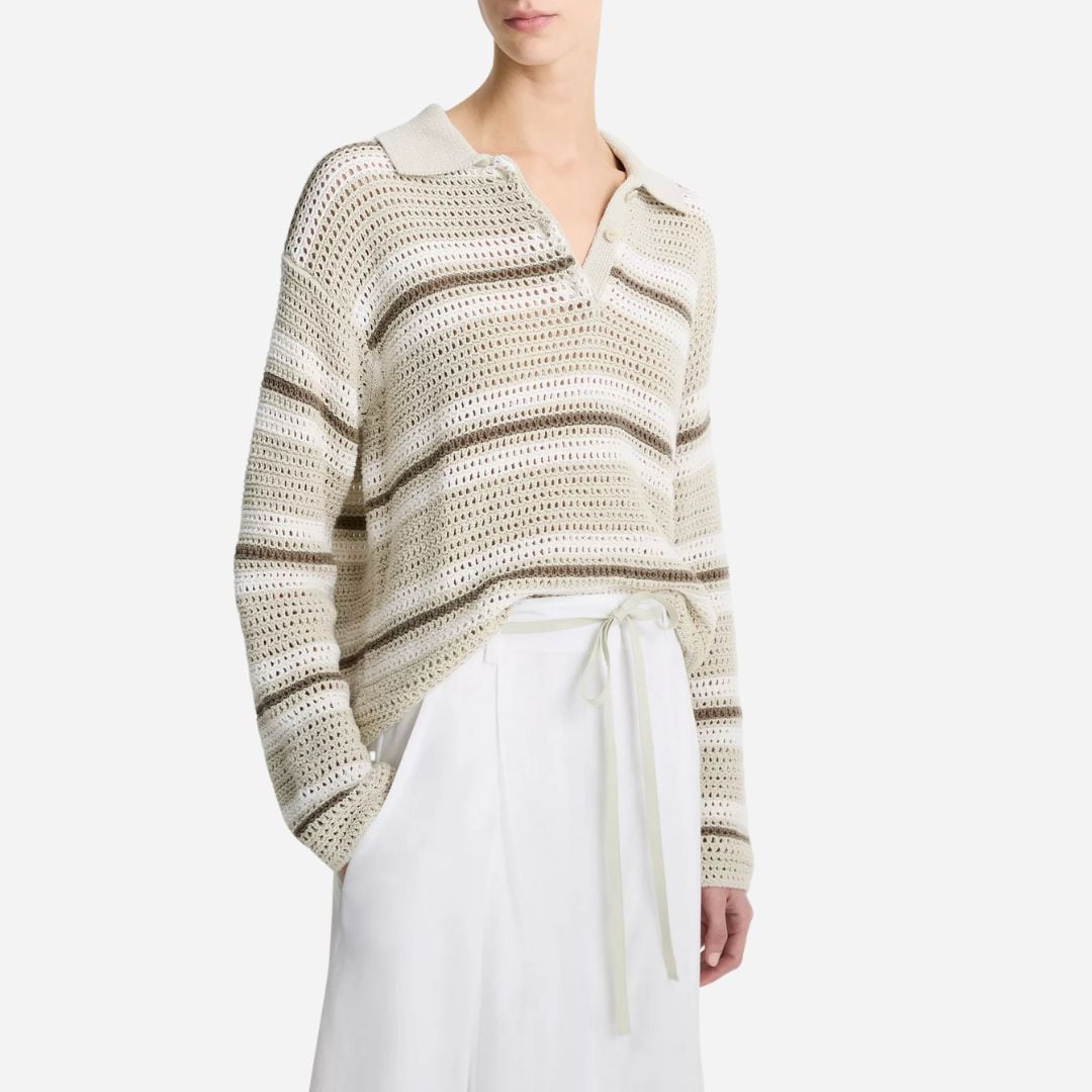 Mesh Stripe Italian Cotton Polo Sweater - White Stone Combo
