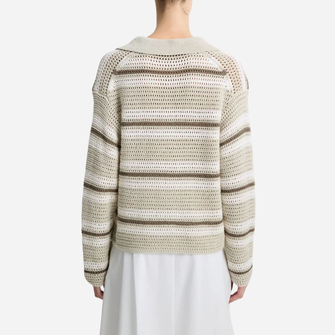 Mesh Stripe Italian Cotton Polo Sweater - White Stone Combo