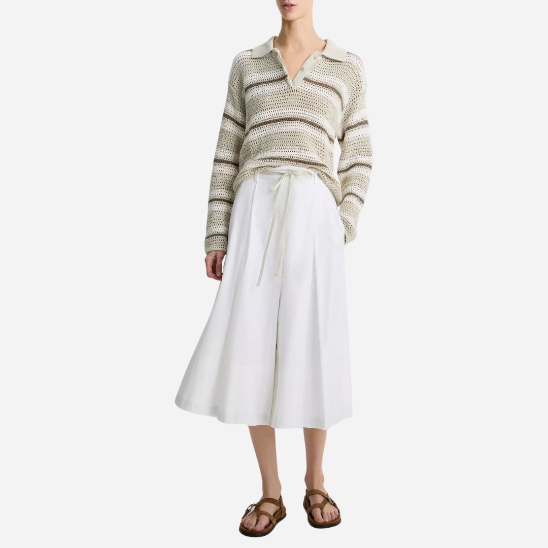 Mesh Stripe Italian Cotton Polo Sweater - White Stone Combo
