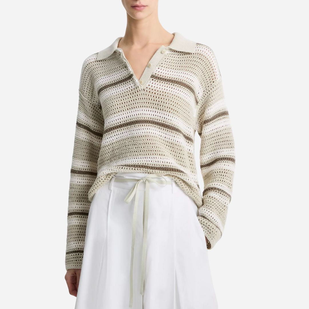 Mesh Stripe Italian Cotton Polo Sweater - White Stone Combo