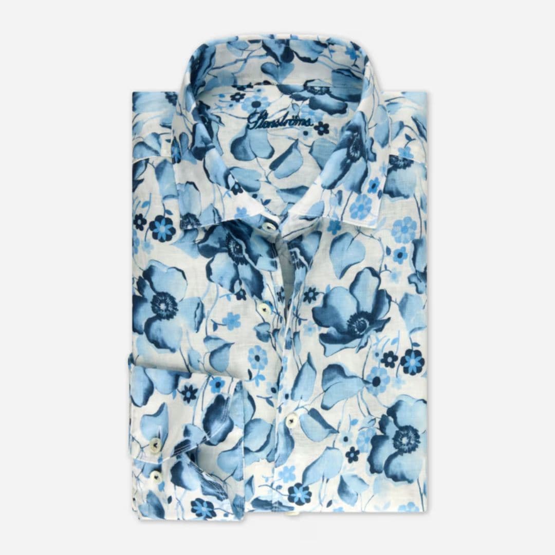 Slimline Linen Shirt - Blue Flower