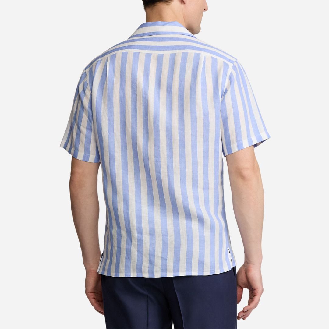  Striped Linen Camp Shirt -  Cornflower Blue/White