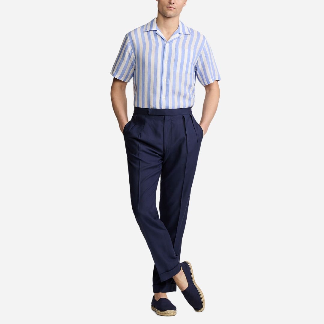  Striped Linen Camp Shirt -  Cornflower Blue/White