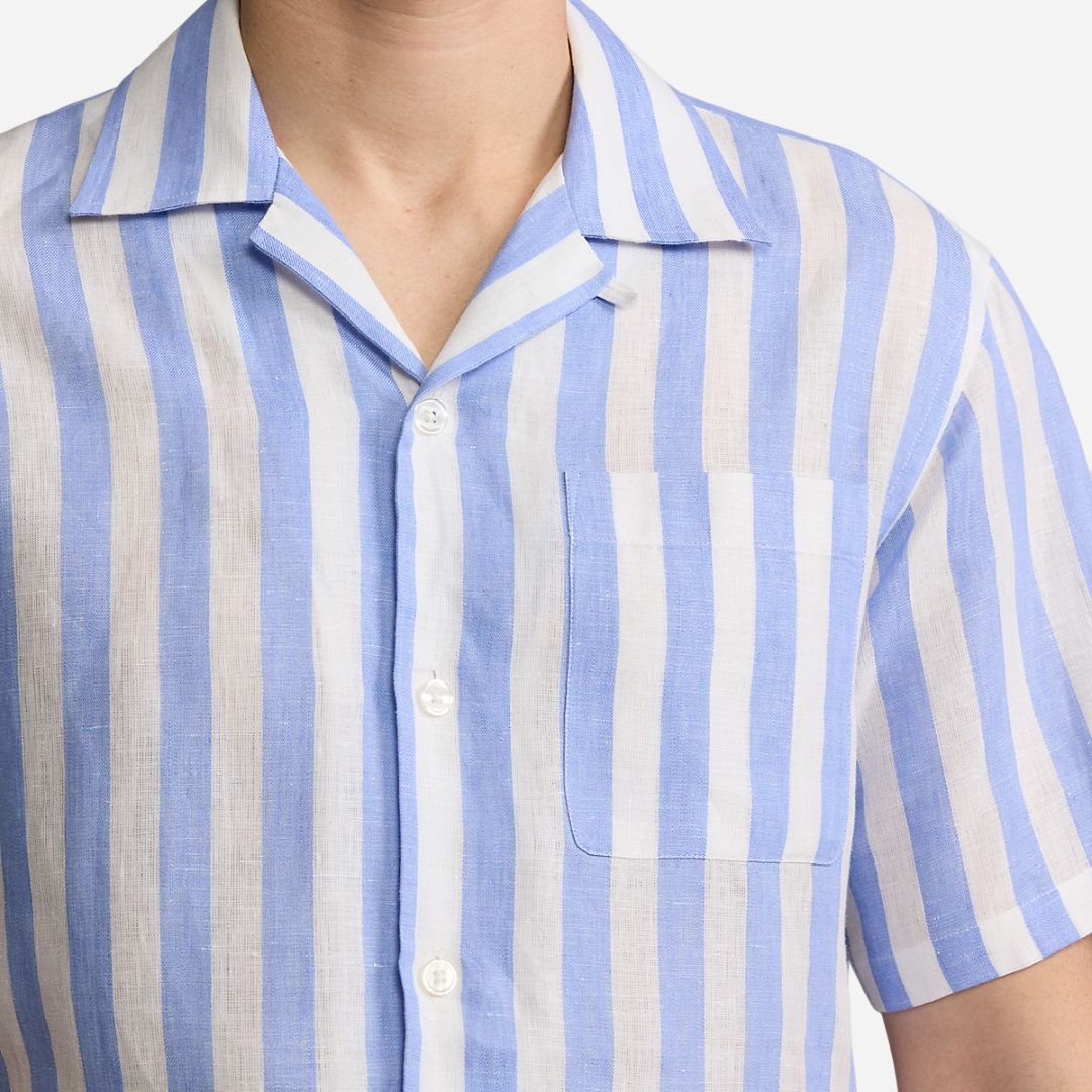  Striped Linen Camp Shirt -  Cornflower Blue/White