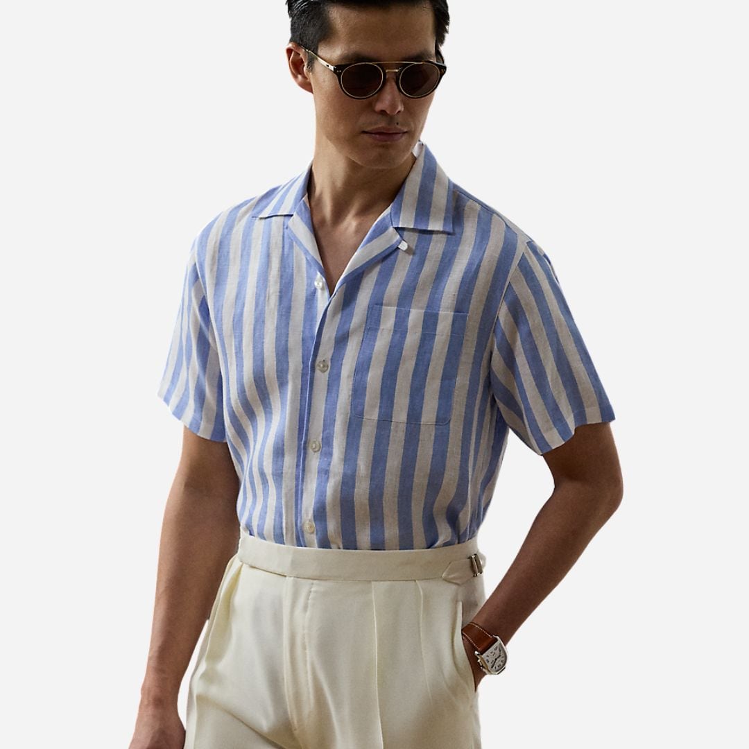  Striped Linen Camp Shirt -  Cornflower Blue/White