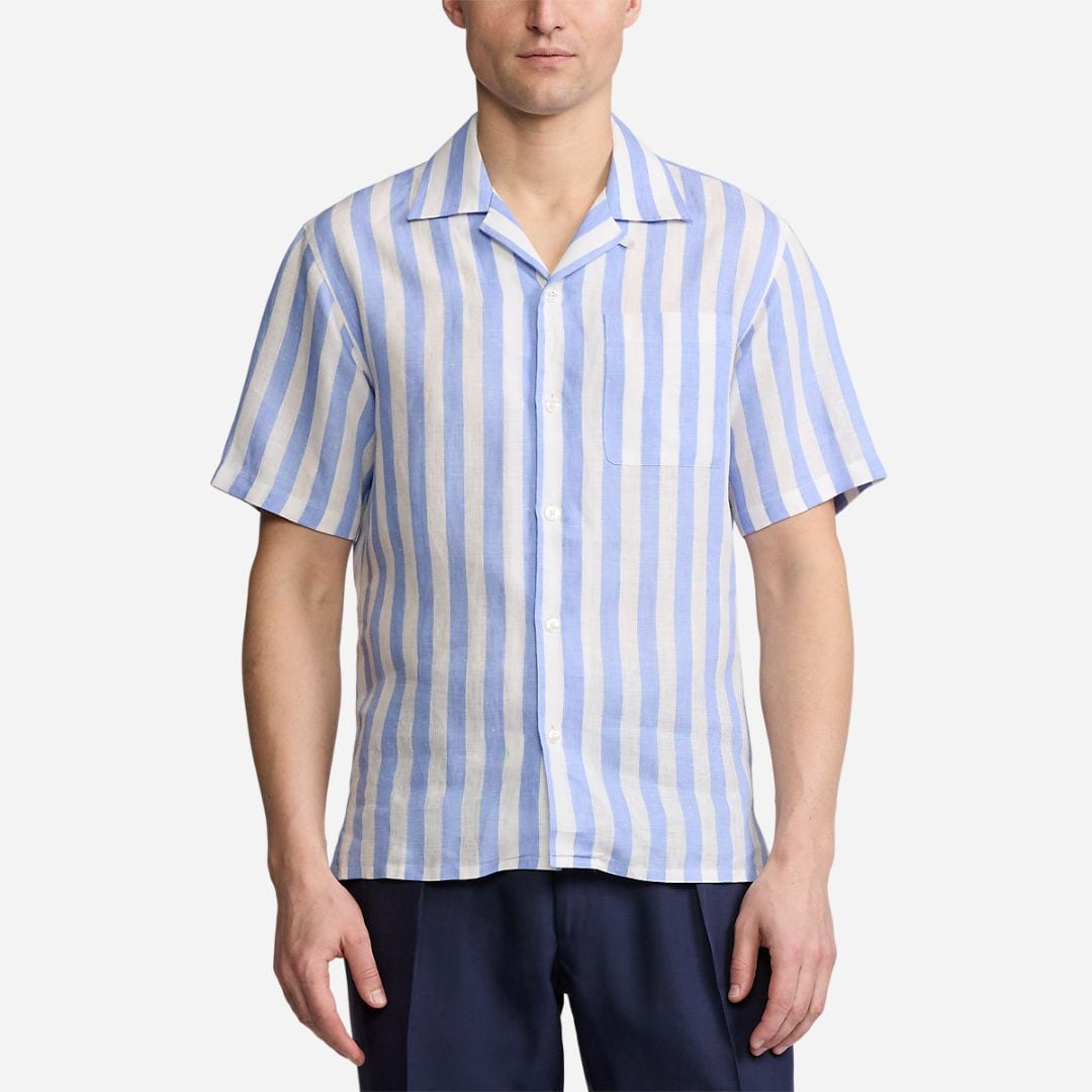  Striped Linen Camp Shirt -  Cornflower Blue/White