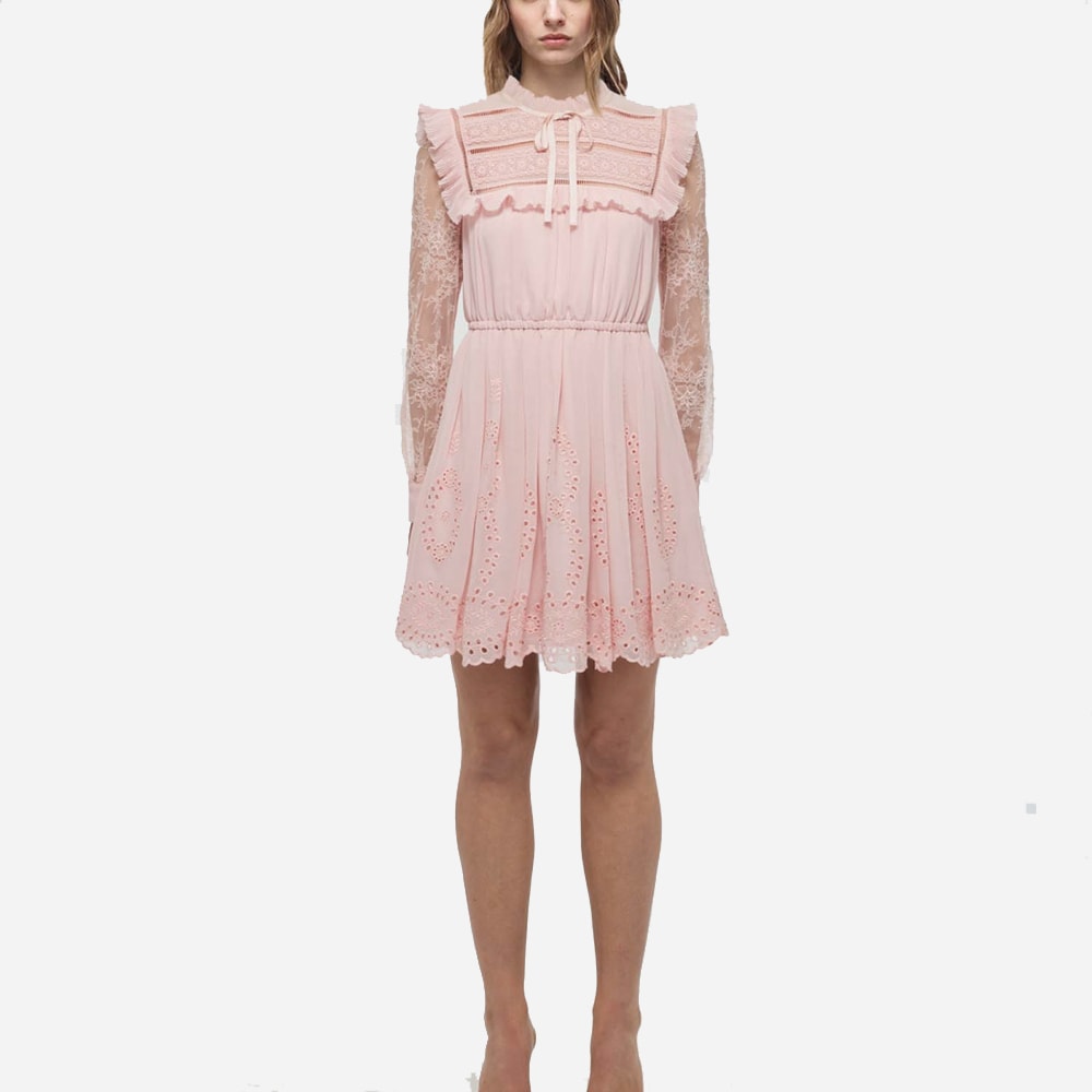 Pink Broderie Chiffon Mini Dress Dusty Pink