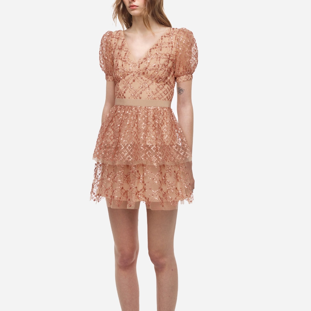 Grid Sequin Tiered Skirt Mini Dress Taupe