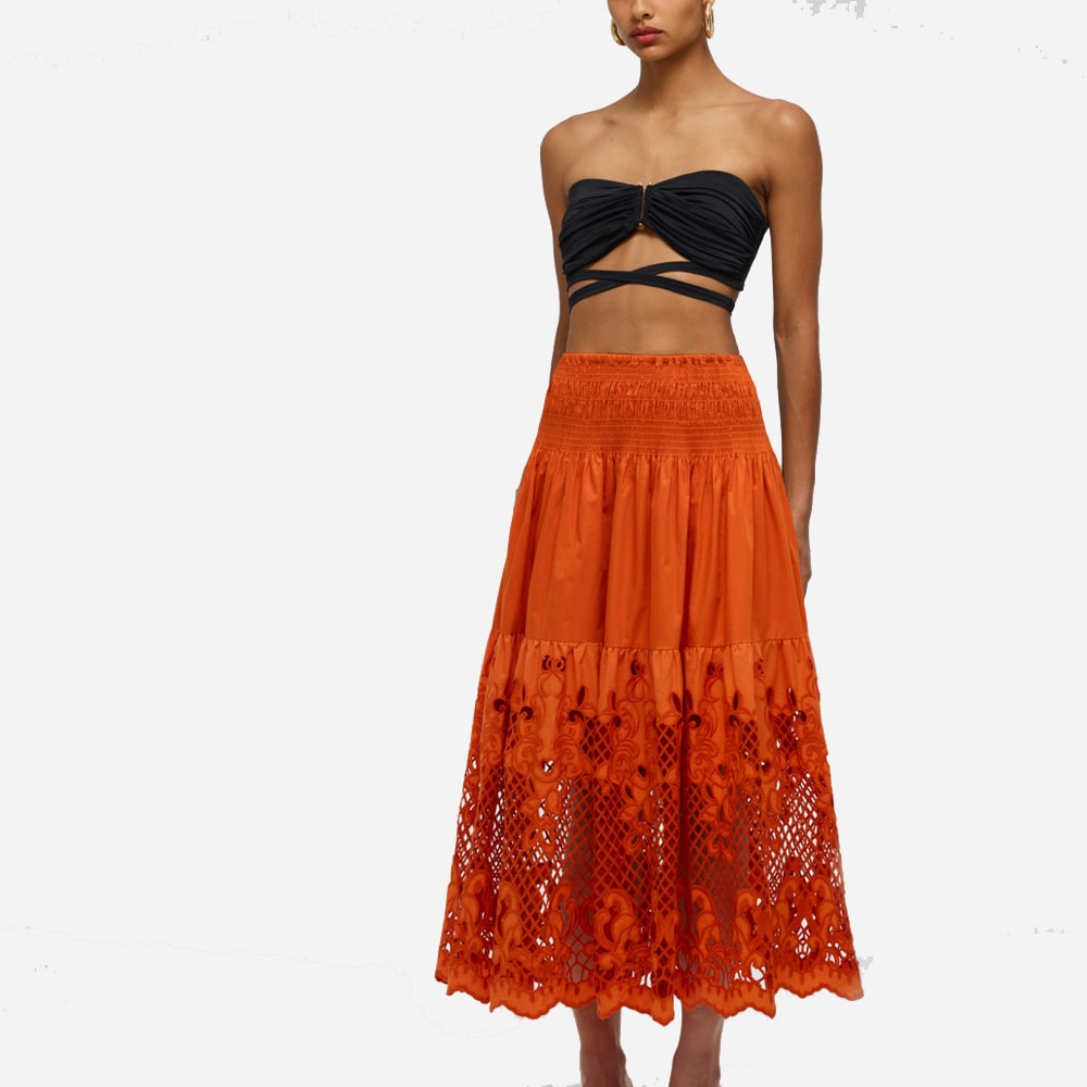 Lattice Embroidered Cotton Skirt Burnt Orange