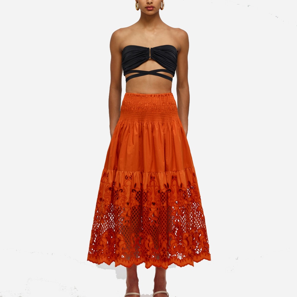 Lattice Embroidered Cotton Skirt Burnt Orange