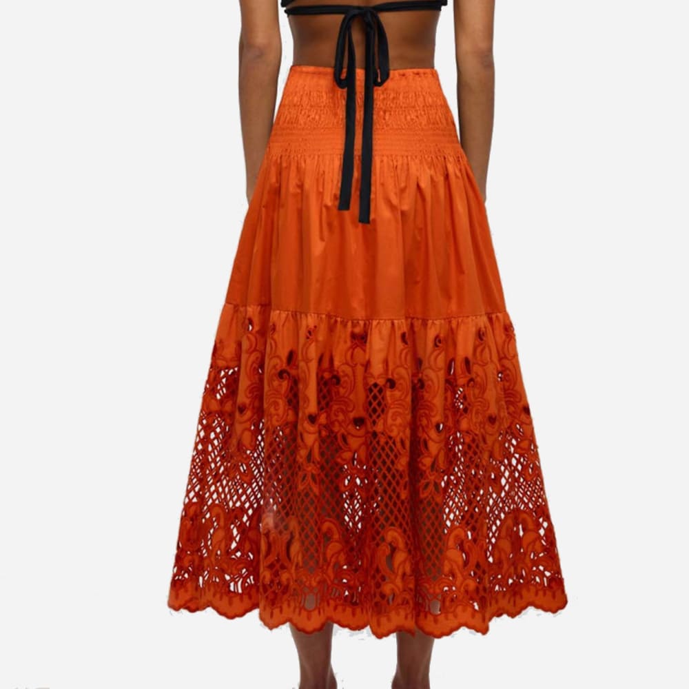 Lattice Embroidered Cotton Skirt Burnt Orange